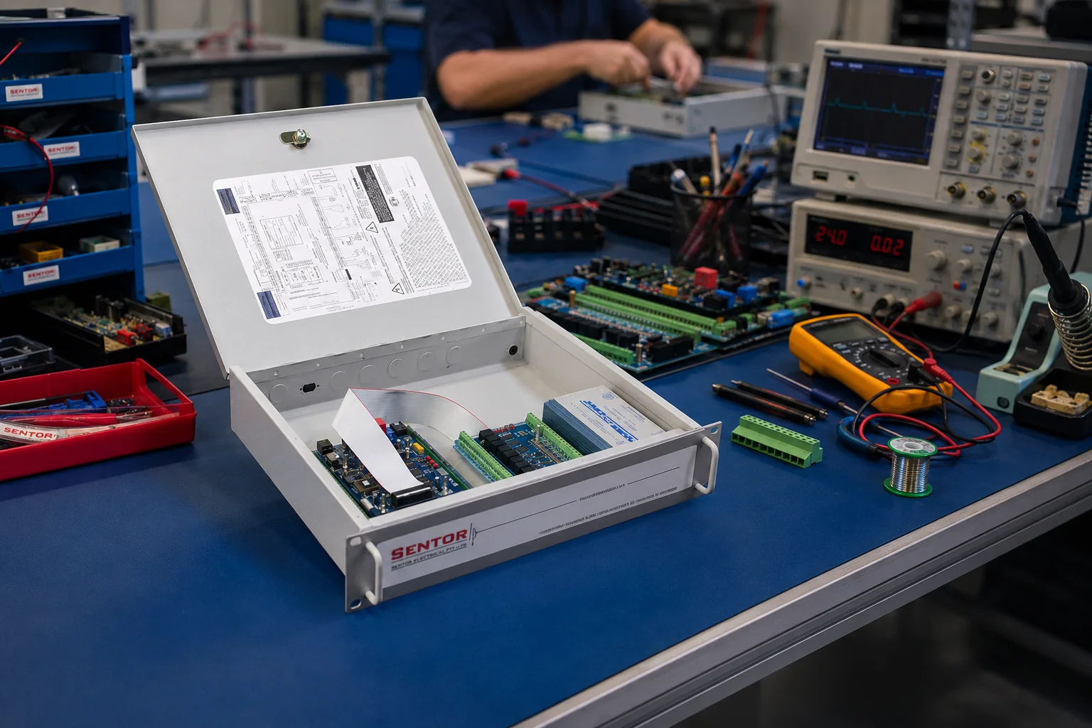 A Sentor controller open on an electronics workbench alongside test equipment and an oscilloscope, during assembly and testing