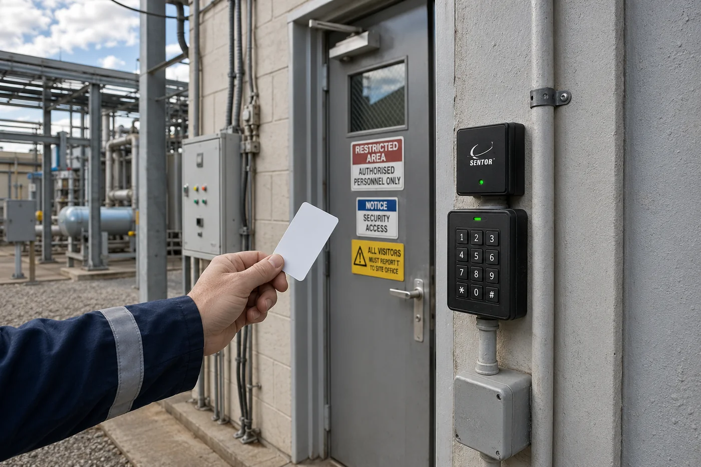 Access reader installed at a site entrance and connected to a Sentor controller, so entry is logged and gates are operated from the same system