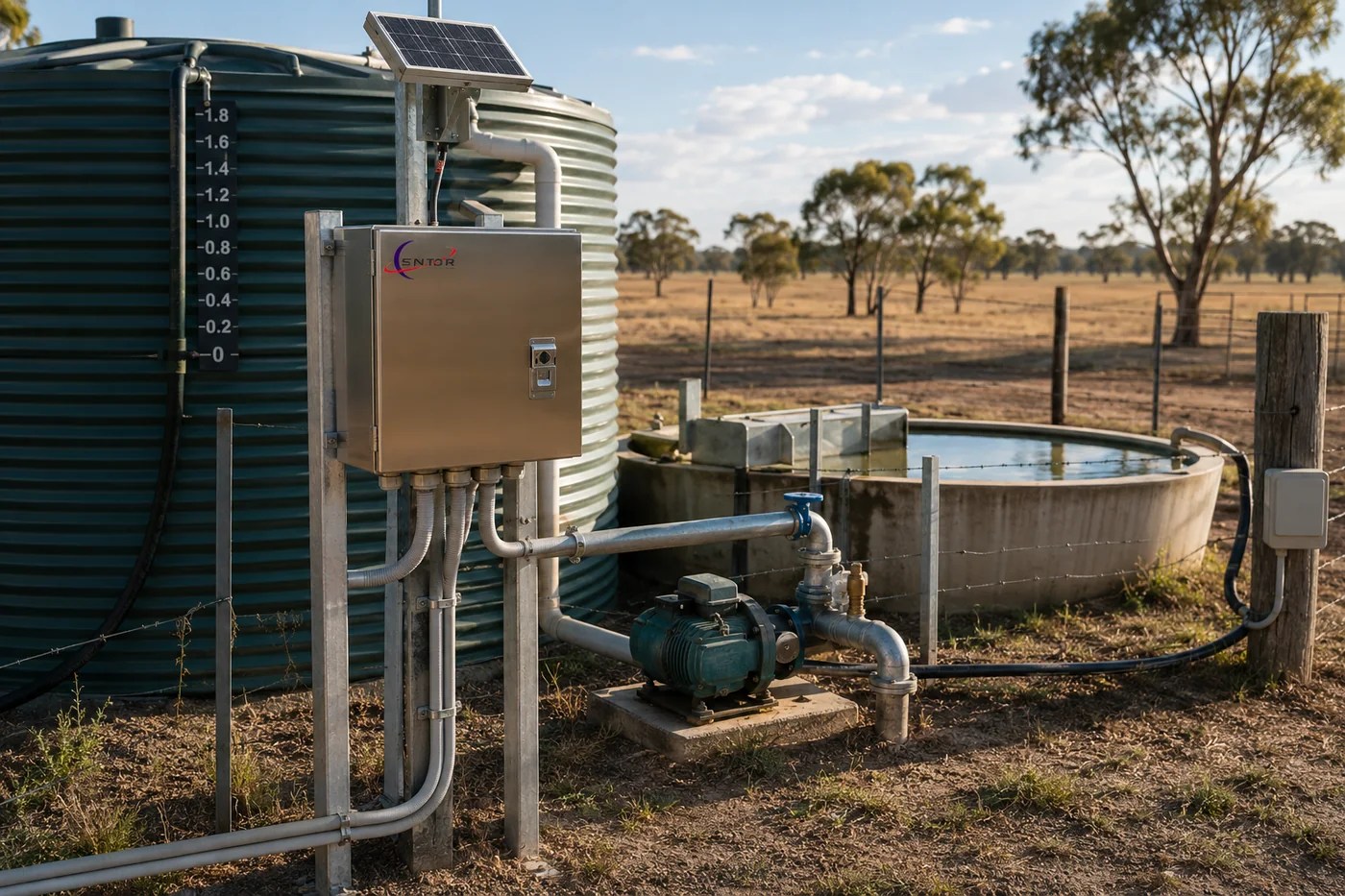 Sentor controller installed on a remote agricultural site, monitoring water level, pump status and power from an off-grid supply