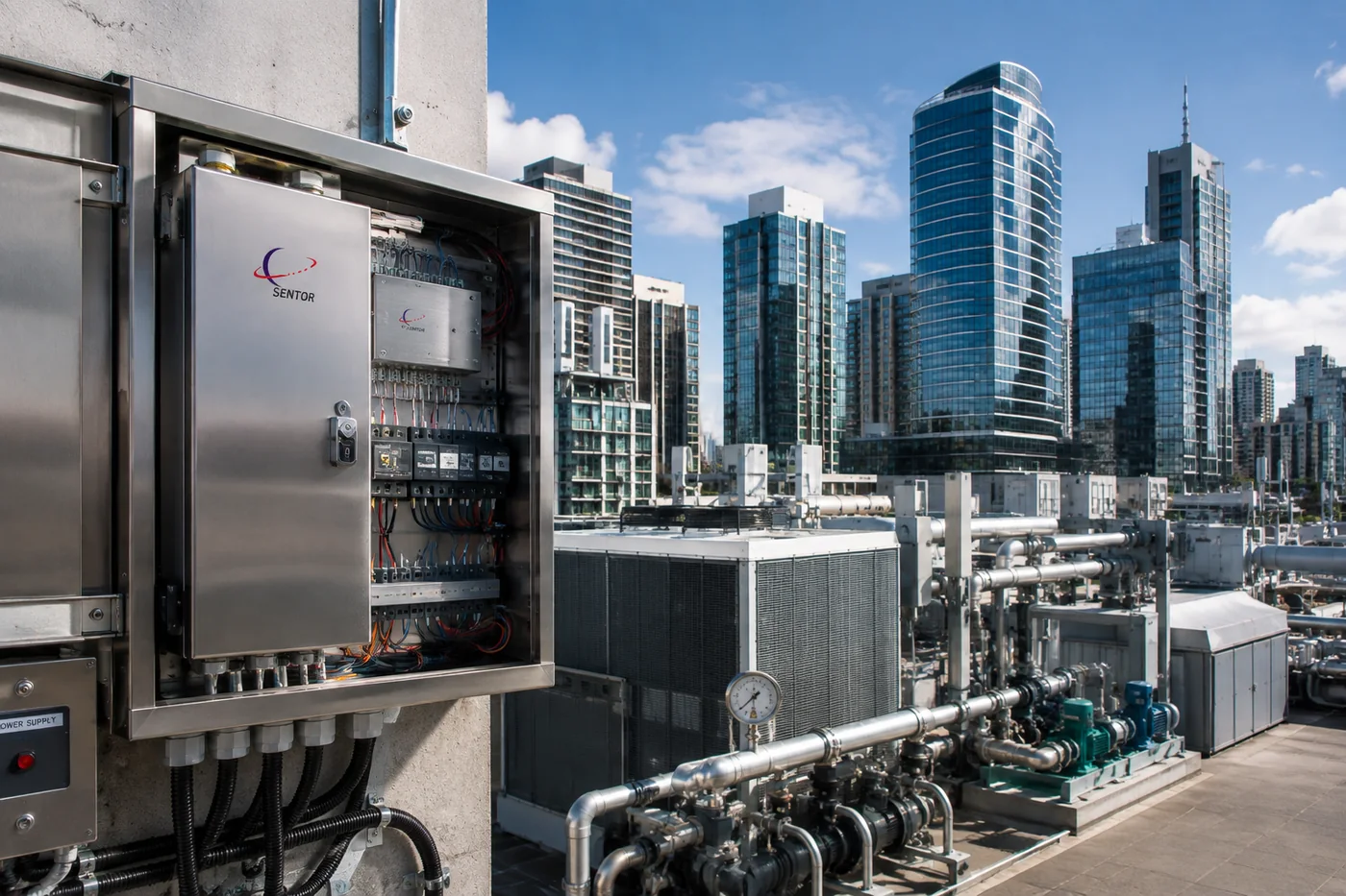 Sentor controller installed in a building services plant room, bringing HVAC, lighting, power and access together under one system