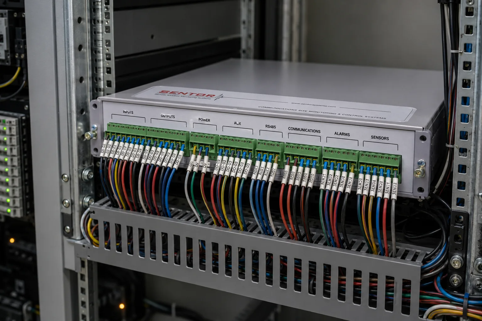 Close view of a Sentor controller's field wiring terminals in an equipment rack, showing labelled inputs, outputs, power, communications, alarms and sensors
