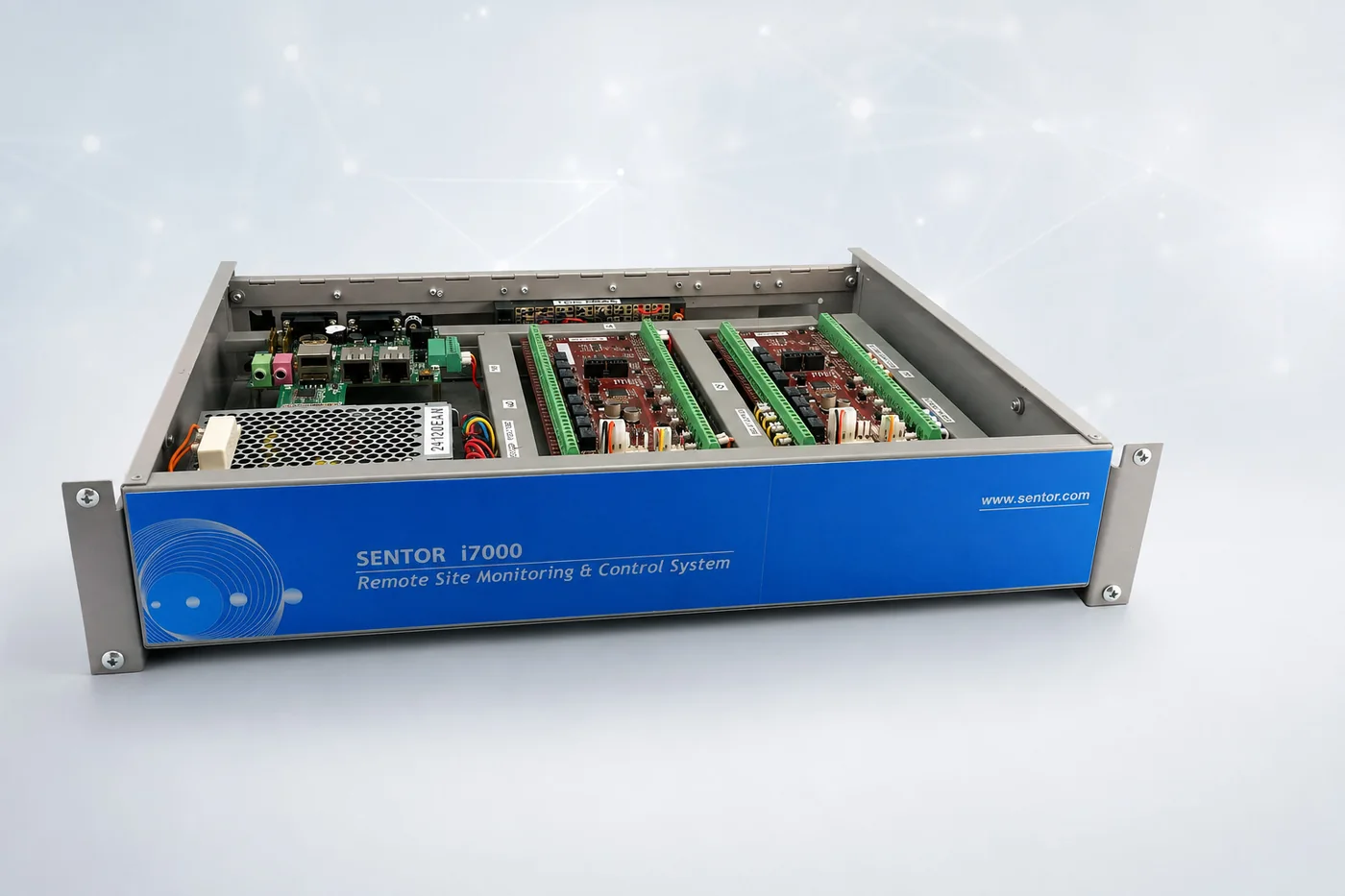 The Sentor i7000 rack-mount controller with its lid raised, showing the motherboard and fitted expansion cards