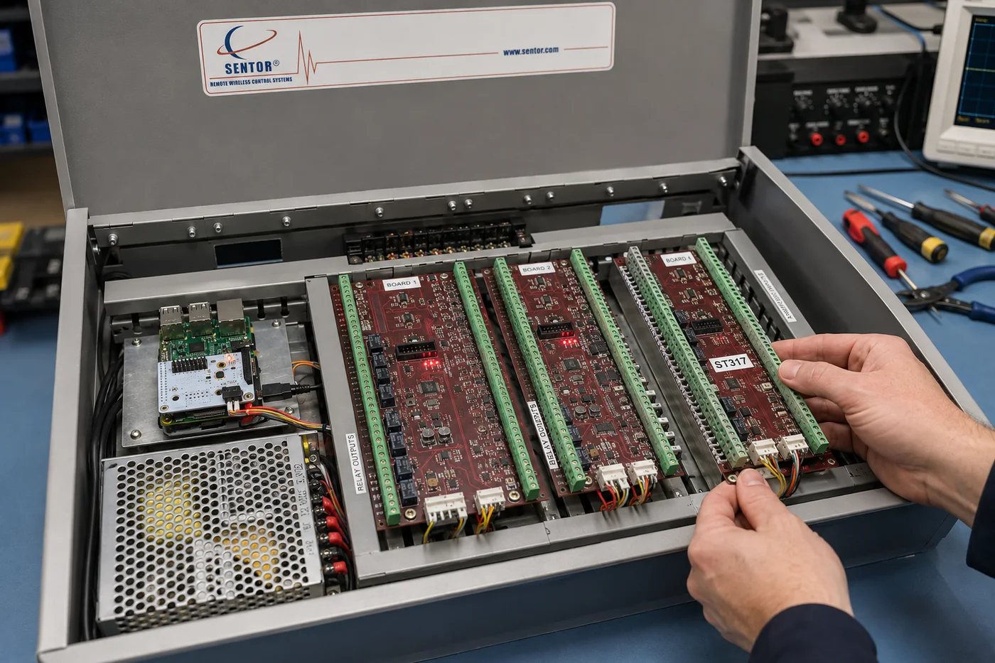 A technician fitting an ST317 expansion card into an open Sentor controller alongside cards already installed