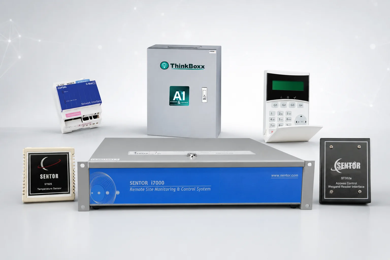 The Sentor product range — the i7000 controller with expansion modules, keypad, access interface and sensor units arranged around it