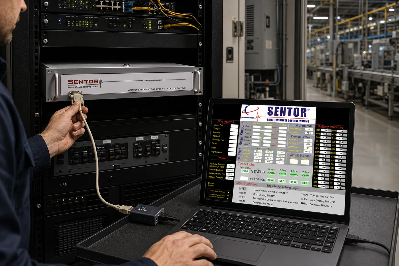 A technician connecting a laptop running Sentor software to a rack-mounted controller, with live device readings on screen