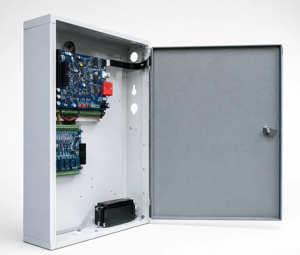 Sentor ST3000W wall-mount controller cabinet with the door open, showing the controller board, expansion card and power supply mounted inside