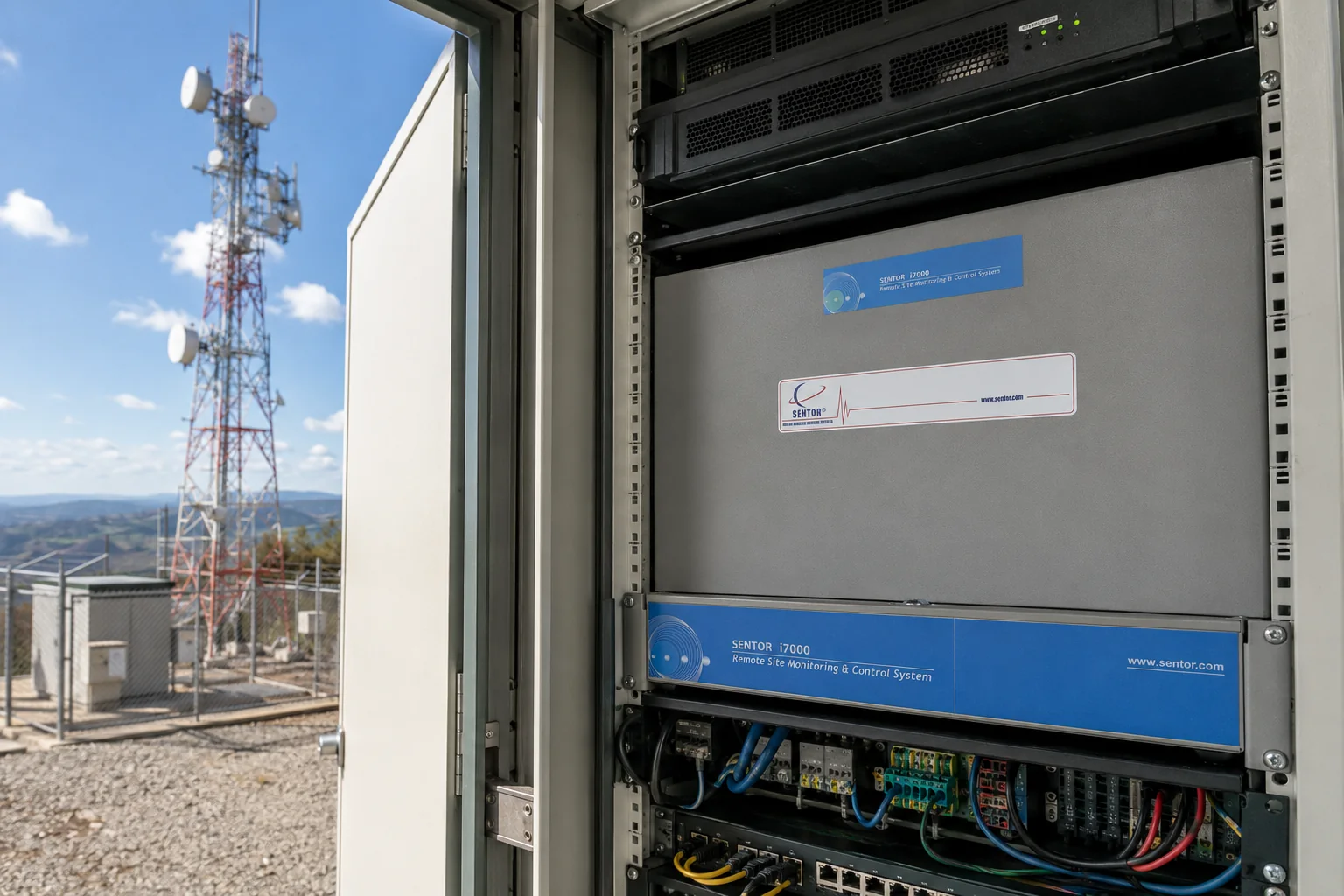 A Sentor i7000 controller installed in an equipment cabinet at a communications site, with the tower and shelter behind