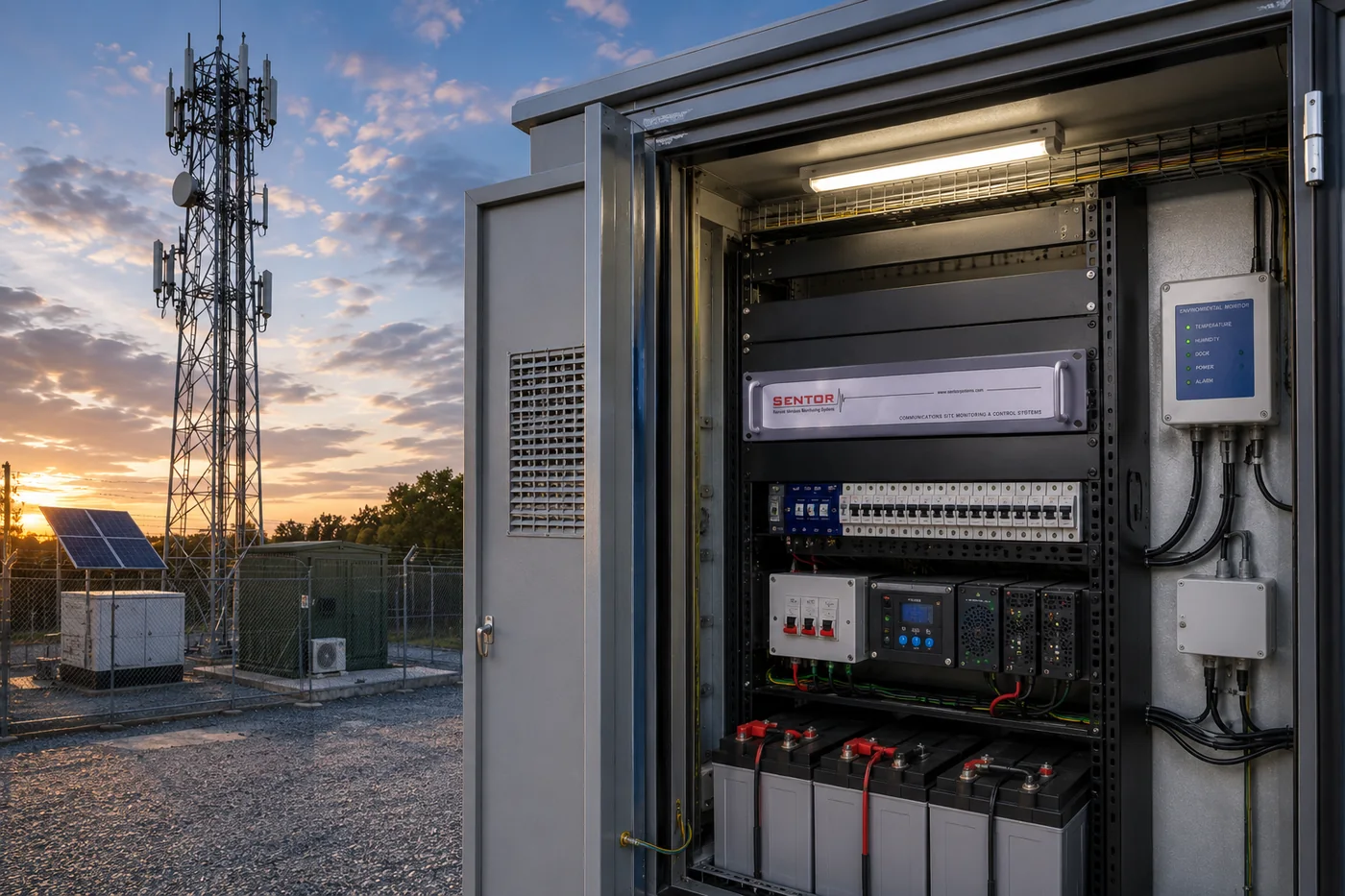 Sentor controller installed in the equipment shelter at a telecommunications tower site, wired to the site's power, RF and access systems