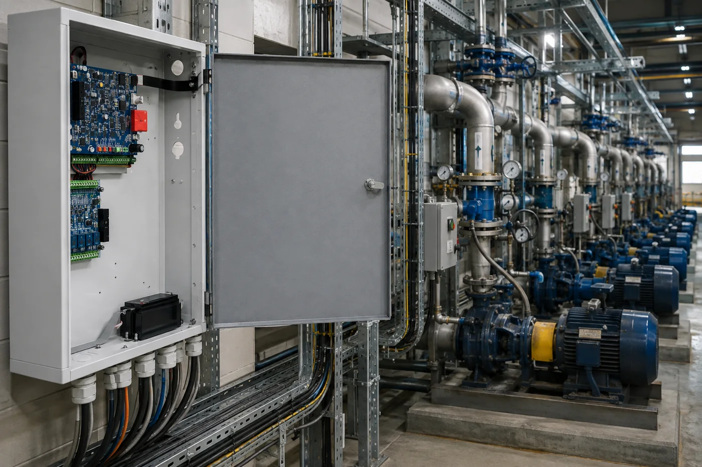 Sentor controller installed at a utilities site, monitoring pump, pressure and power equipment from the field cabinet